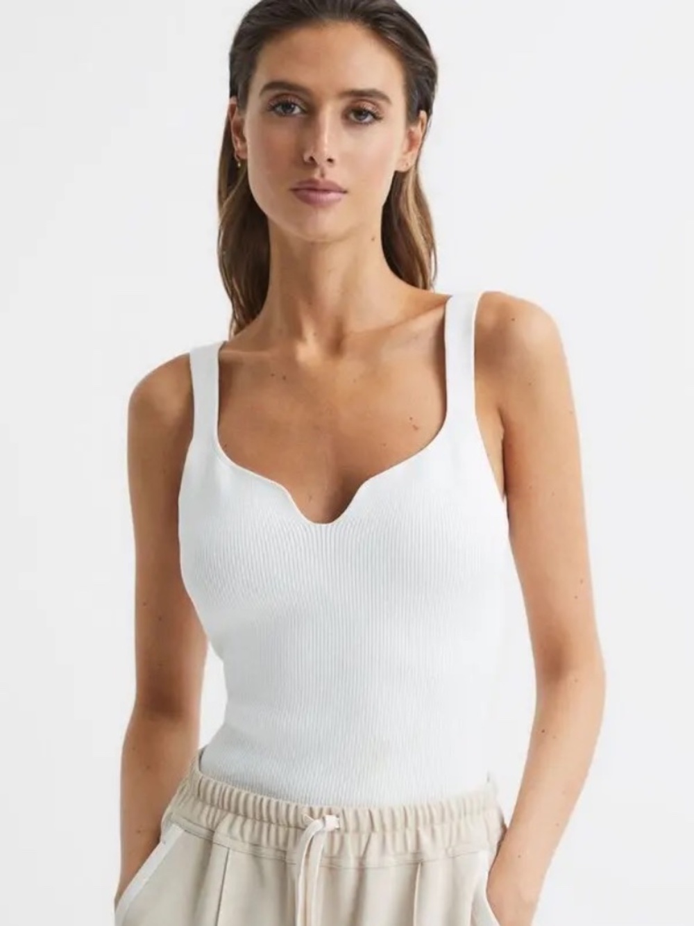 REISS Daisy Sweetheart Neck Tank Top Ribbed Sleeveless Stretch White Size Small - Picture 1 of 15